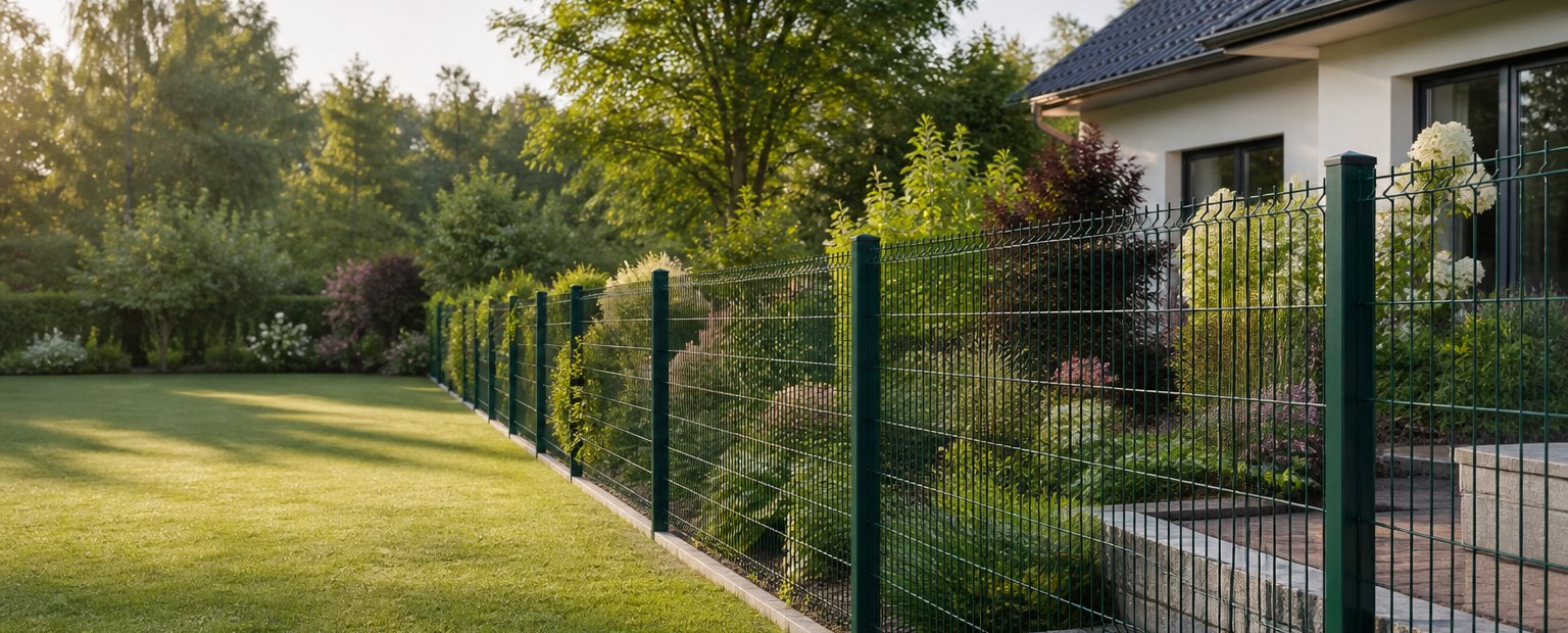 Moderner grüner Zaun an einem gepflegten Garten