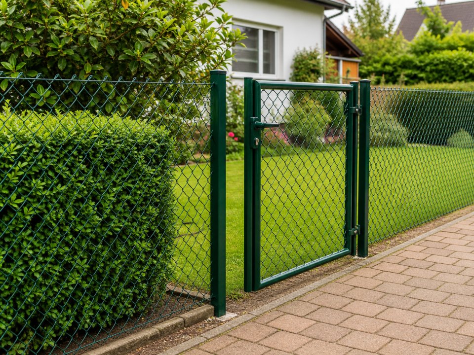 Grüner Maschendrahtzaun mit Gartentor